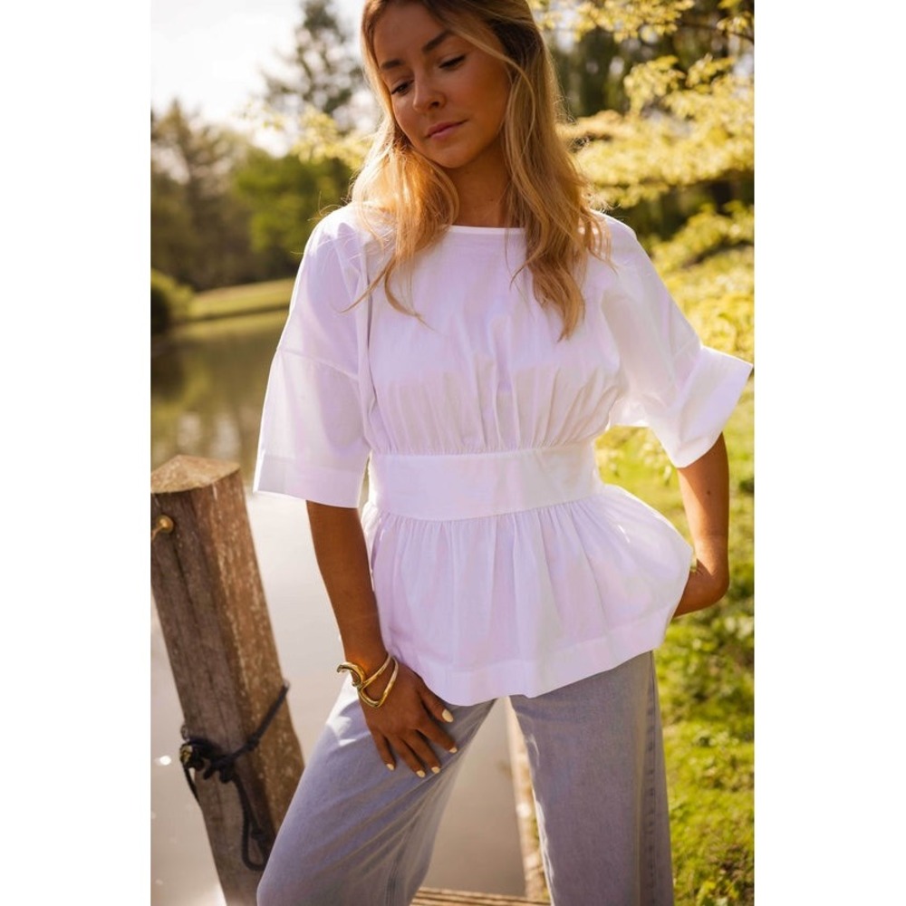 Easy Clothes White Peplum Top Back Bow Tie Flare Sleeve‎ Made in Italy